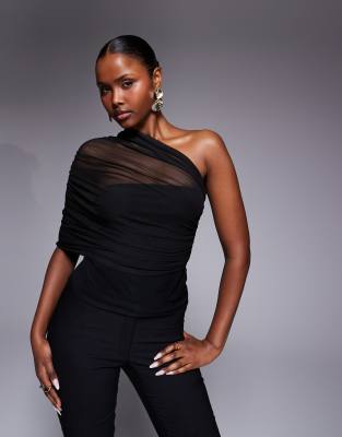 ASOS DESIGN - One-Shoulder-Oberteil aus Netzstoff in Schwarz