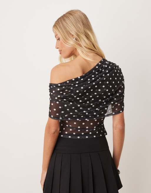 ASOS DESIGN – One-Shoulder-Oberteil mit Polka-Dot-Print und Besatz aus Netzstoff, 2 von 4