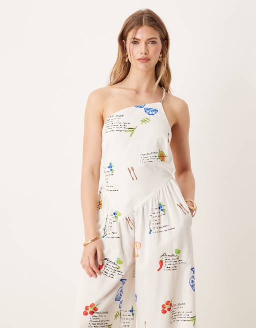 ASOS DESIGN one shoulder open back linen jumpsuit in conversational print, 3 of 4
