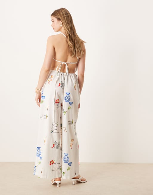 ASOS DESIGN one shoulder open back linen jumpsuit in conversational print, 4 of 4