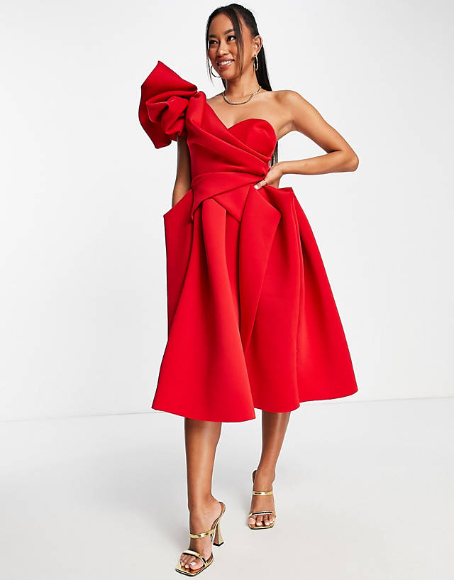 ASOS DESIGN one shoulder origami midi prom dress in red