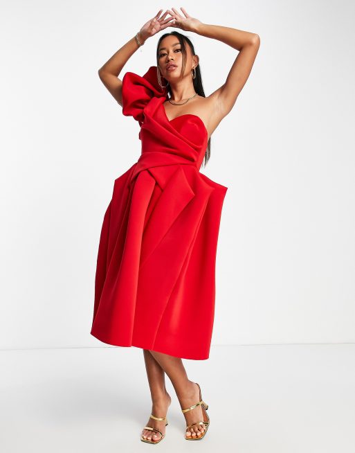 ASOS DESIGN one shoulder origami midi prom dress in red