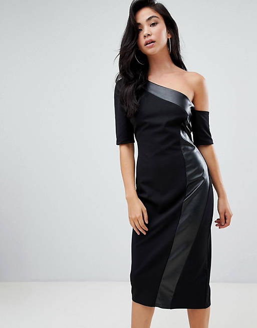 ASOS DESIGN one shoulder pencil dress with faux leather panel