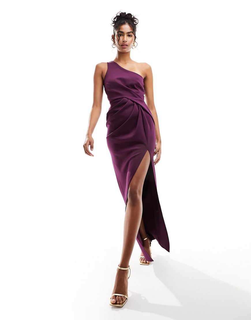 ASOS DESIGN one shoulder pleat detail bodycon maxi dress in plum-Purple