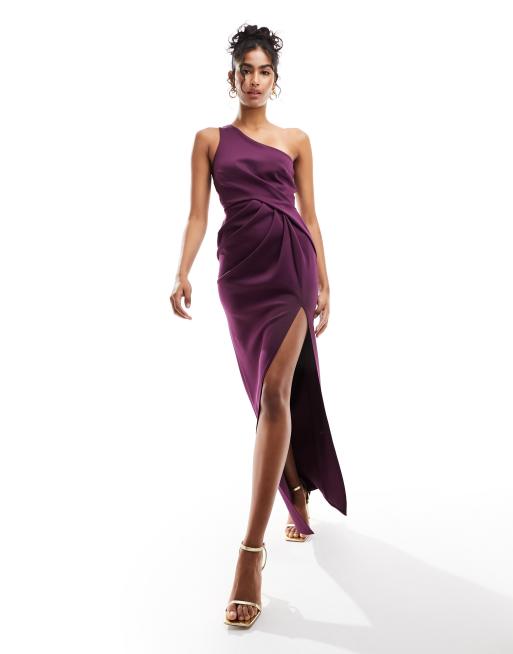 ASOS DESIGN one shoulder pleat detail bodycon maxi dress in plum