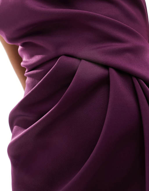 ASOS DESIGN one shoulder pleat detail bodycon maxi dress in plum, 3 of 4
