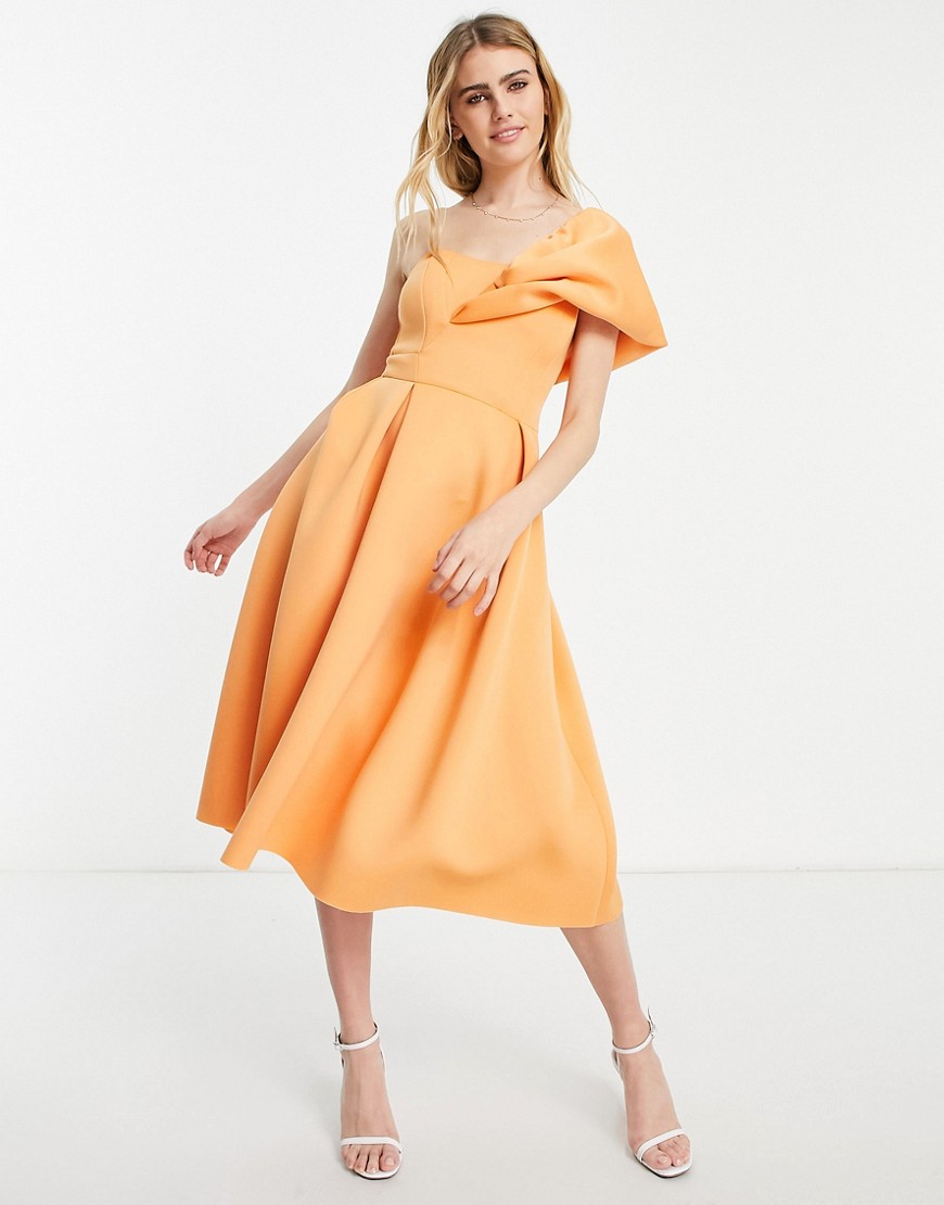 ASOS DESIGN one shoulder pleat front midi prom dress in apricot-Orange