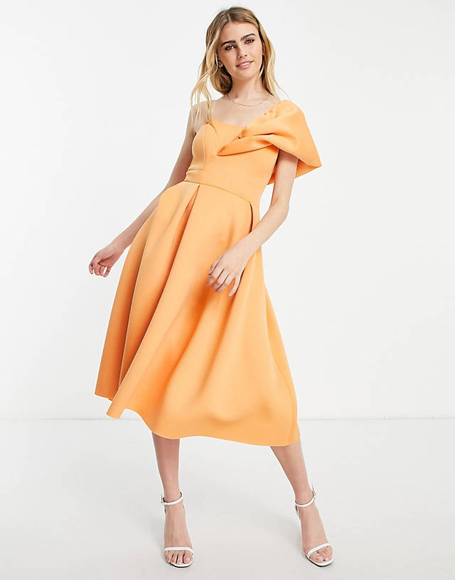 ASOS DESIGN one shoulder pleat front midi prom dress in apricot