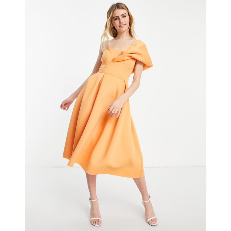 ASOS DESIGN one shoulder pleat front midi prom dress in apricot