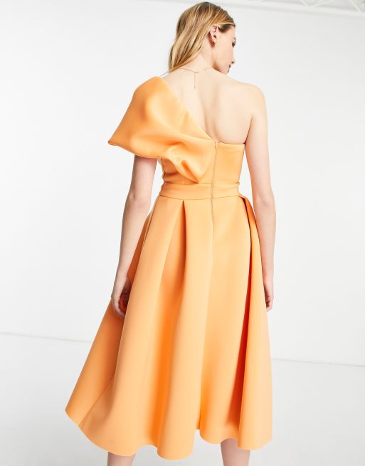 ASOS DESIGN one shoulder pleat front midi prom dress in apricot