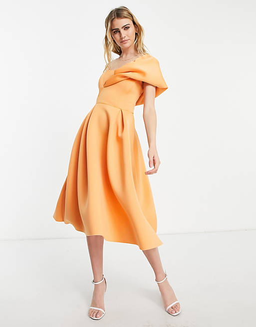 ASOS DESIGN one shoulder pleat front midi prom dress in apricot