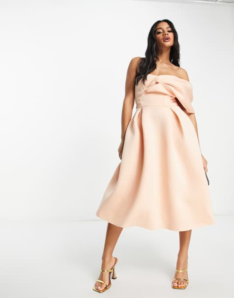 ASOS DESIGN one shoulder pleat front midi prom dress in blush - view 1