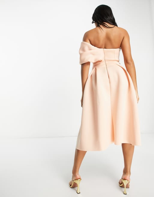 ASOS DESIGN one shoulder pleat front midi prom dress in blush, 2 of 4