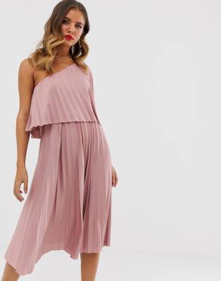 one shoulder pleated midi dress