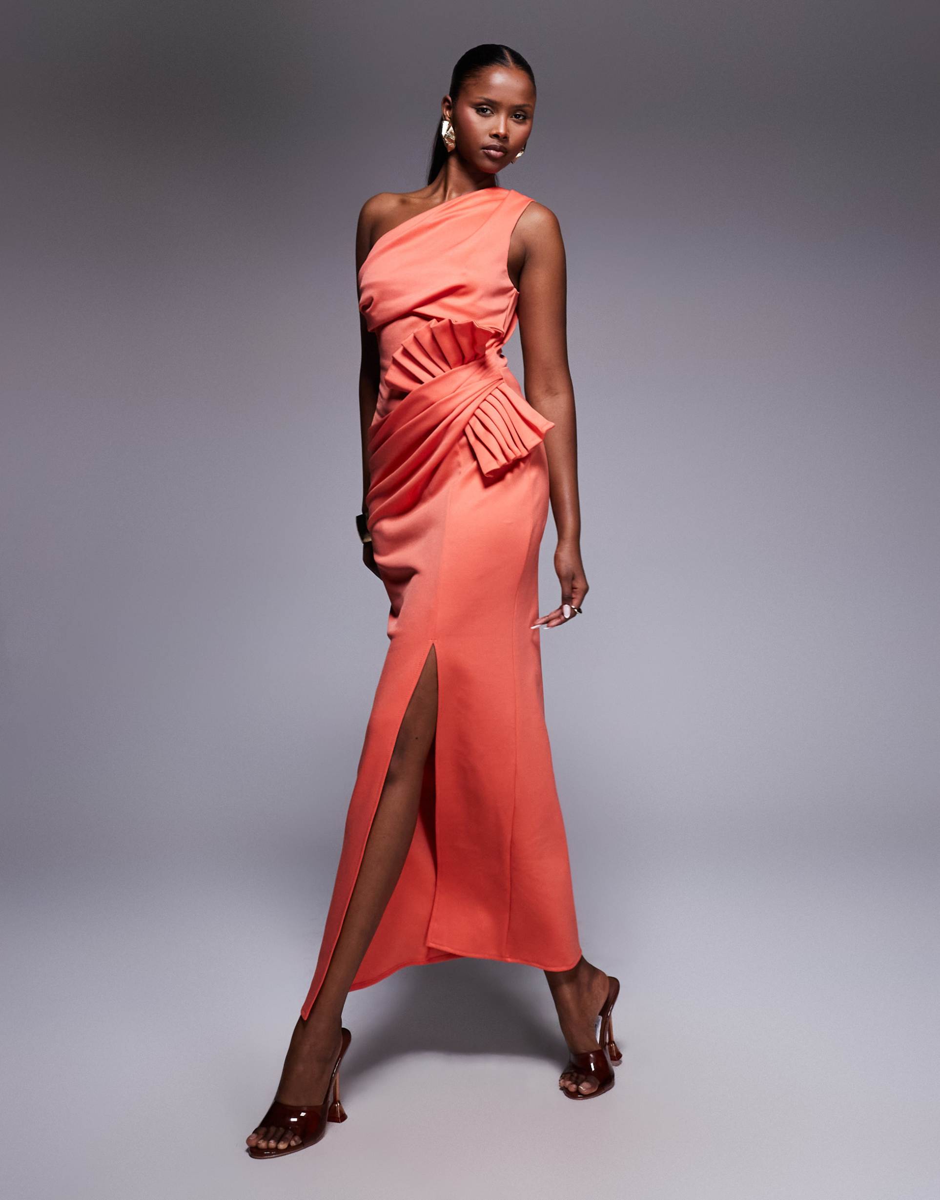 asos design one shoulder pleated detail mini dress in coral in scuba-style fabric