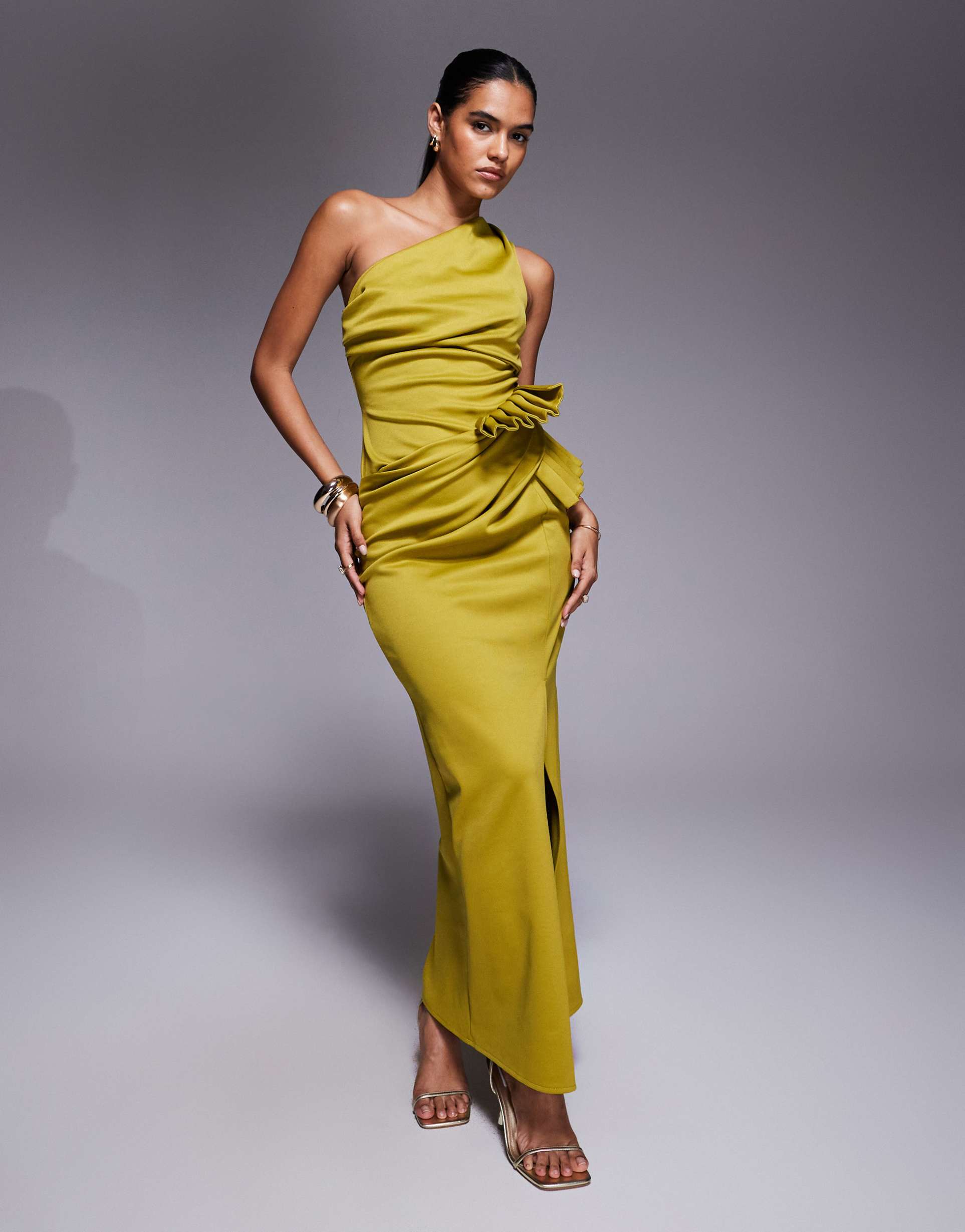 asos design one shoulder pleated detail mini dress in green in scuba-style fabric