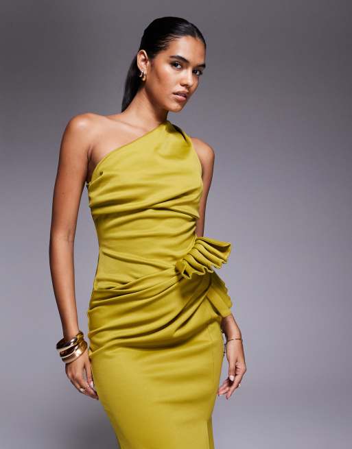 ASOS DESIGN one shoulder pleated detail mini dress in green in scuba-style fabric