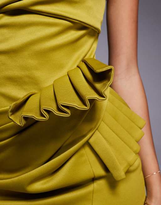 ASOS DESIGN one shoulder pleated detail mini dress in green scuba-style fabric, 3 of 4
