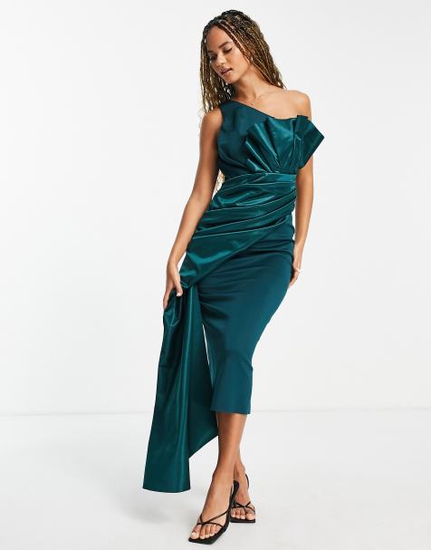 ASOS DESIGN one shoulder pleated fan detail midi dress in teal  - view 1