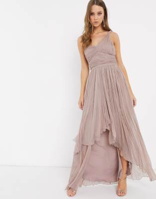 one shoulder pleated maxi dress