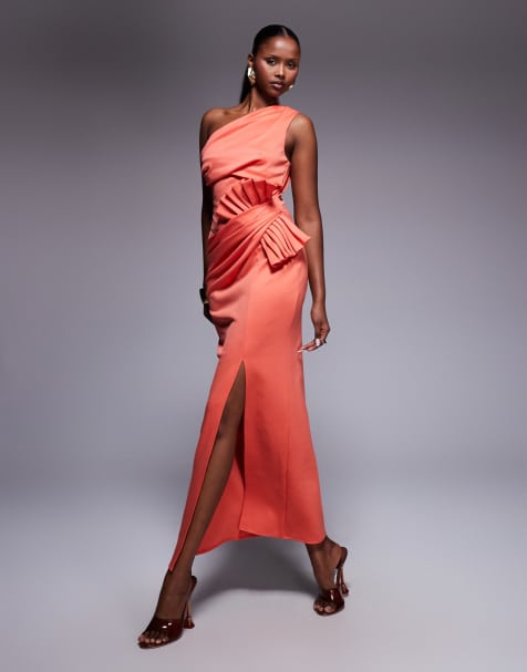 ASOS DESIGN one shoulder pleated waist detail midi dress in coral scuba-style fabric - view 1