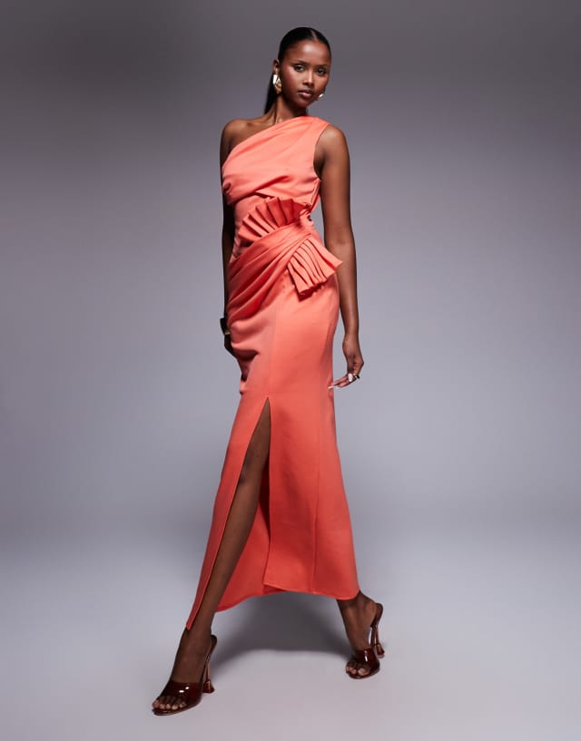 ASOS DESIGN one shoulder pleated waist detail midi dress in coral scuba-style fabric