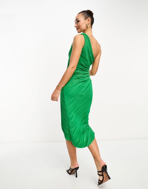 ASOS DESIGN one shoulder plisse midi dress in green