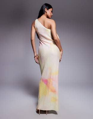 Asos Design One Shoulder Plisse With Curly Fallen Swirl Trim Plisse Midi Dress In Yellow