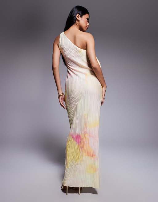 ASOS DESIGN one shoulder plisse with curly fallen swirl trim plisse midi dress in print