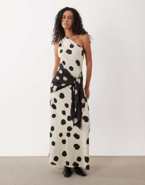 ASOS DESIGN one shoulder polka dot maxi dress in beige - view 1