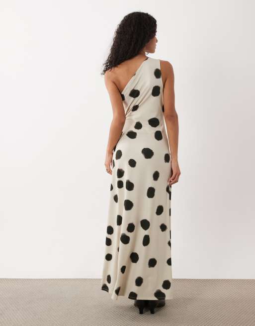 ASOS DESIGN one shoulder polka dot maxi dress in beige, 2 of 4