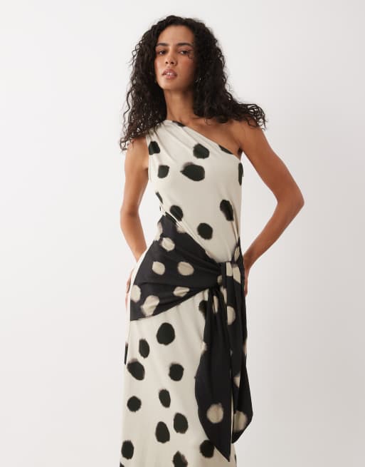 ASOS DESIGN one shoulder polka dot maxi dress in beige, 3 of 4
