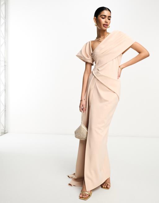 ASOS DESIGN one shoulder premium draped maxi dress in blush cream | ASOS