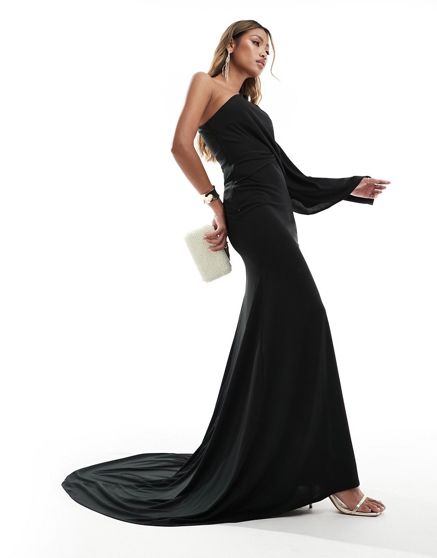 ASOS DESIGN one shoulder premium draped maxi dress with train detail in black