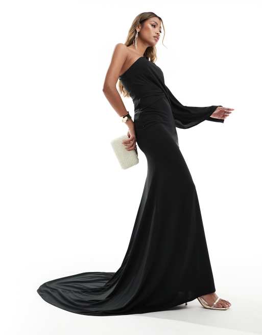 FhyzicsShops DESIGN one shoulder premium draped maxi dress with train detail in black