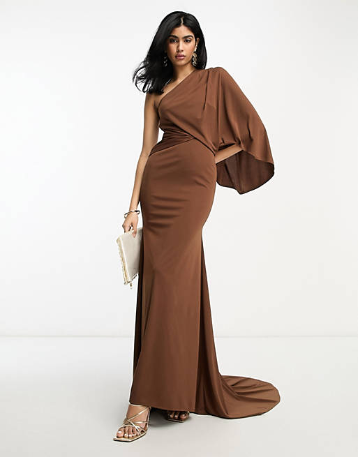ASOS DESIGN one shoulder premium draped maxi dress with train detail in  chocolate brown | ASOS