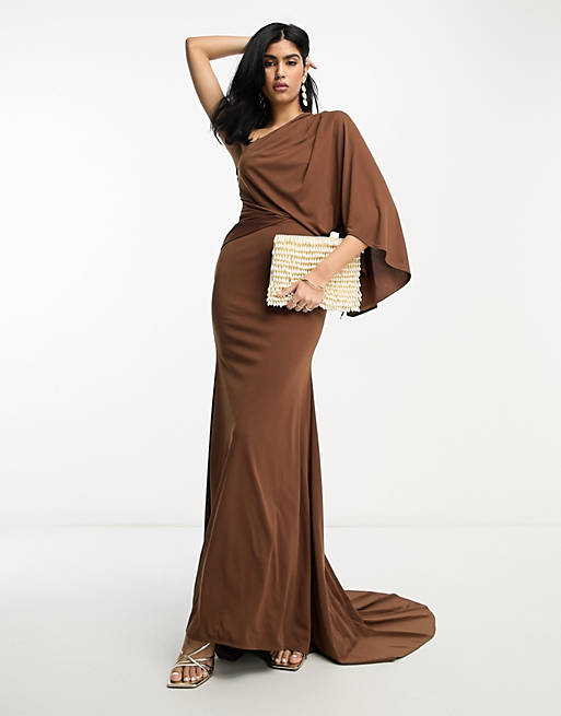 ASOS DESIGN one shoulder premium draped maxi dress with train detail in  chocolate brown | ASOS