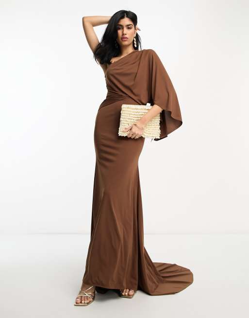 with brown ASOS one detail | dress chocolate draped maxi shoulder in train premium DESIGN ASOS