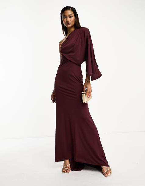 ASOS DESIGN one shoulder premium draped maxi dress with train detail in deep purple - view 1