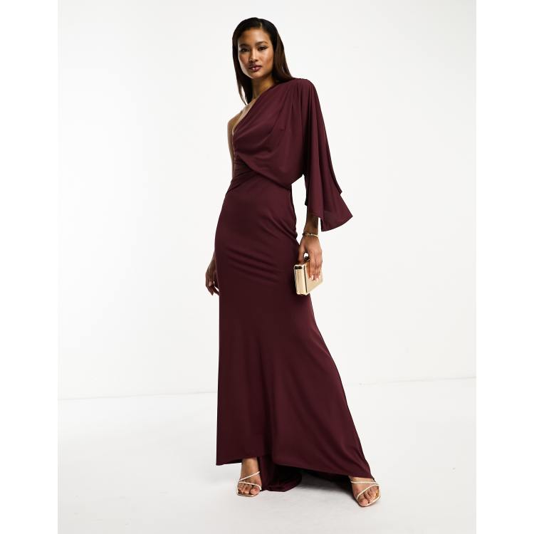 ASOS DESIGN one shoulder premium draped maxi dress with train detail in  chocolate brown