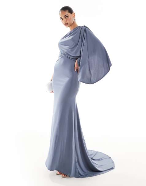 ASOS DESIGN one shoulder premium draped maxi dress with train detail in slate blue - view 1