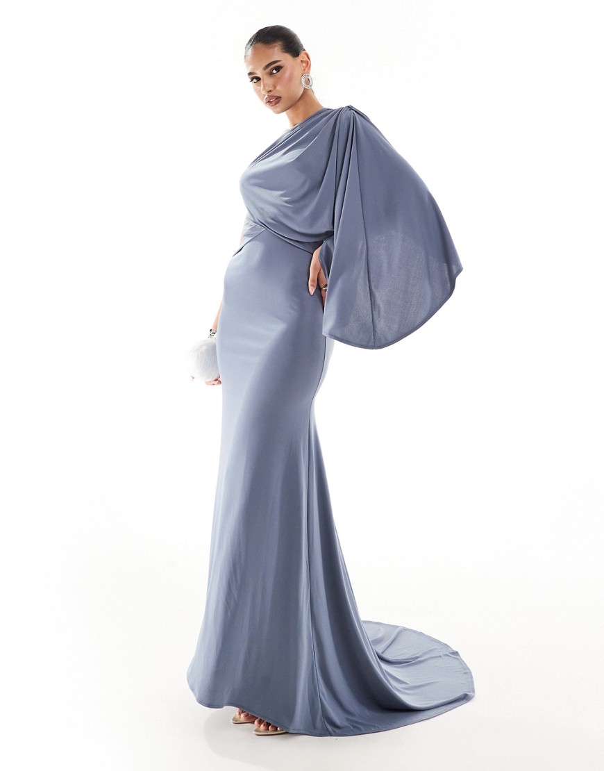 Asos Design One Shoulder Premium Draped Maxi Dress With Train Detail In Slate Blue