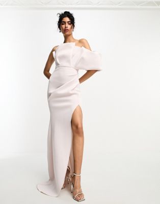 ASOS DESIGN one shoulder premium manipulated maxi dress with high split in coconut cream