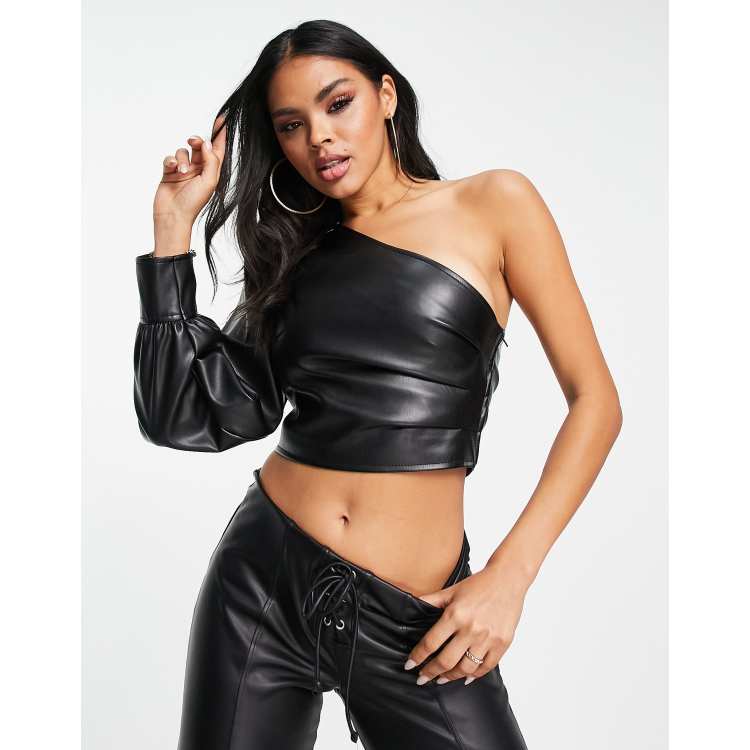 ASOS DESIGN one shoulder pu top with volume sleeve in black