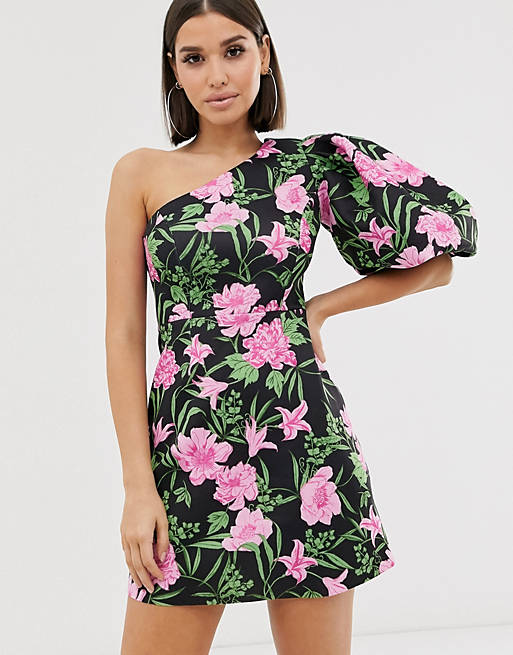 ASOS DESIGN one shoulder puff sleeve floral mini skater dress
