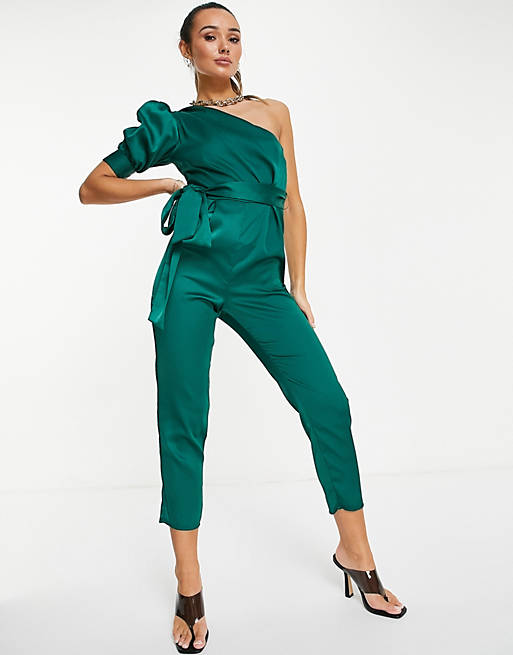  one shoulder puff sleeve jumpsuit in forest green 
