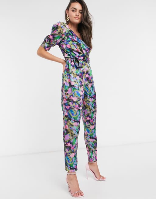 ASOS DESIGN one shoulder puff sleeve jumpsuit in pink smudged floral print | ASOS
