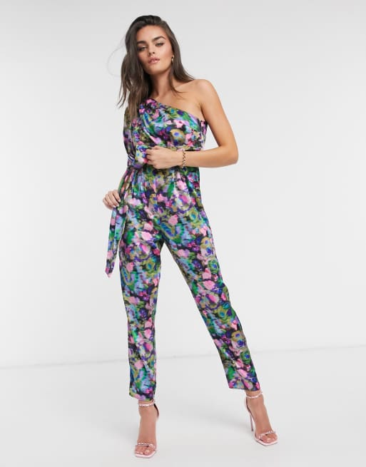 ASOS DESIGN one shoulder puff sleeve jumpsuit in pink smudged floral print, 4 of 4