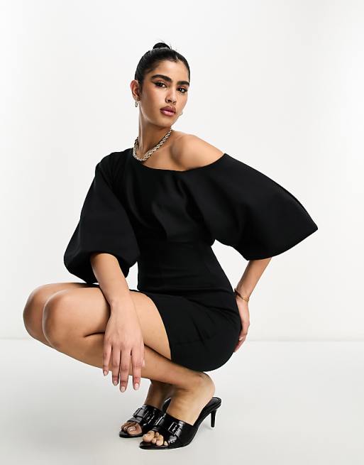 ASOS DESIGN one shoulder puff sleeve mini dress in black | ASOS