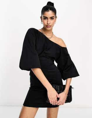 ASOS DESIGN one shoulder puff sleeve mini dress in black